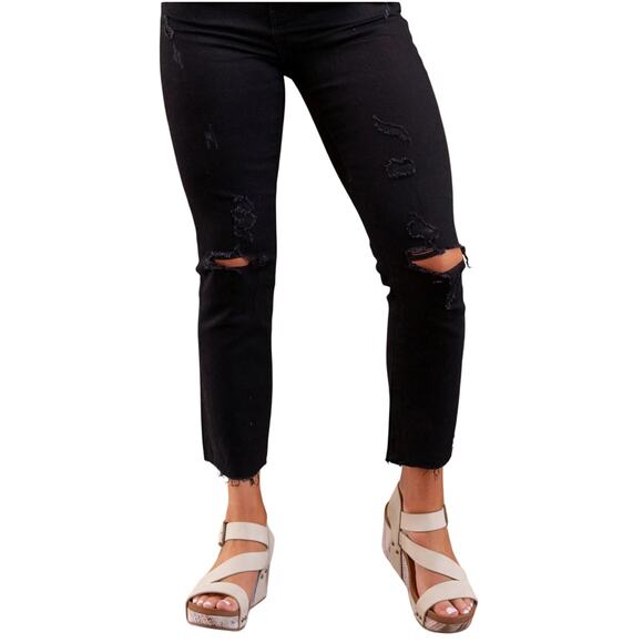 Flying Monkey Jet Black High Rise Crop Raw Hem Distressed Ankle Jeans, Size 27 - Picture 1 of 9